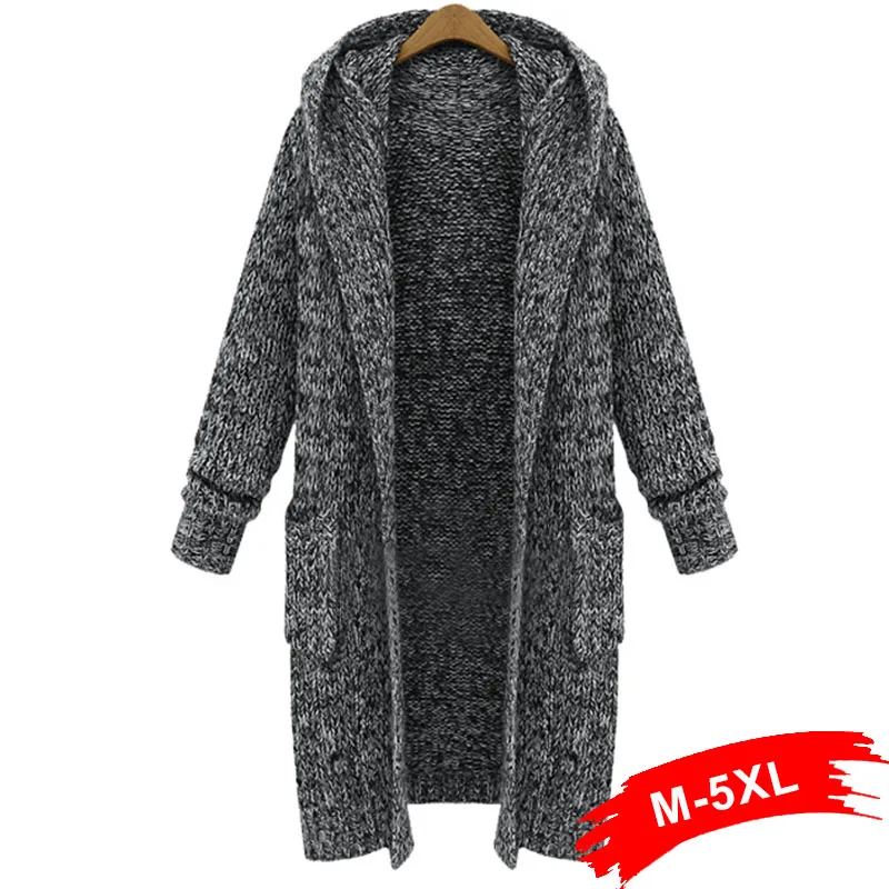 

Plus Size Casual Loose Women'S Sweater Cardigan 4XL 5XL Winter 2018 Mid Long Hooded Thick Knitted Sweaters Chandail Femme