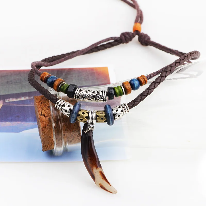 Vintage Tribal Boheme Wolf Tooth Necklace Braided Leather Rope Multi Layer Tibetan Beads Neckless Bohemian Jewelry LN066