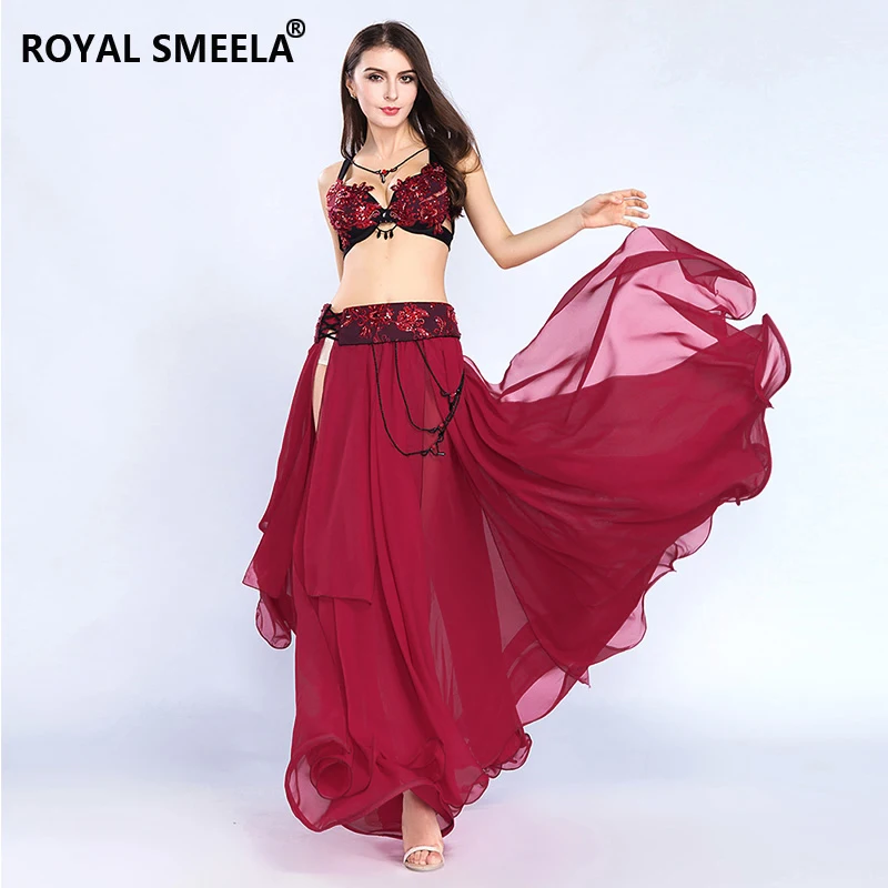 

2019 New Embroidery Belly Dance Suit Professional Performance Practice Clothing Flamenco 2pcs Set Top&Skirt Indian Suit H4509