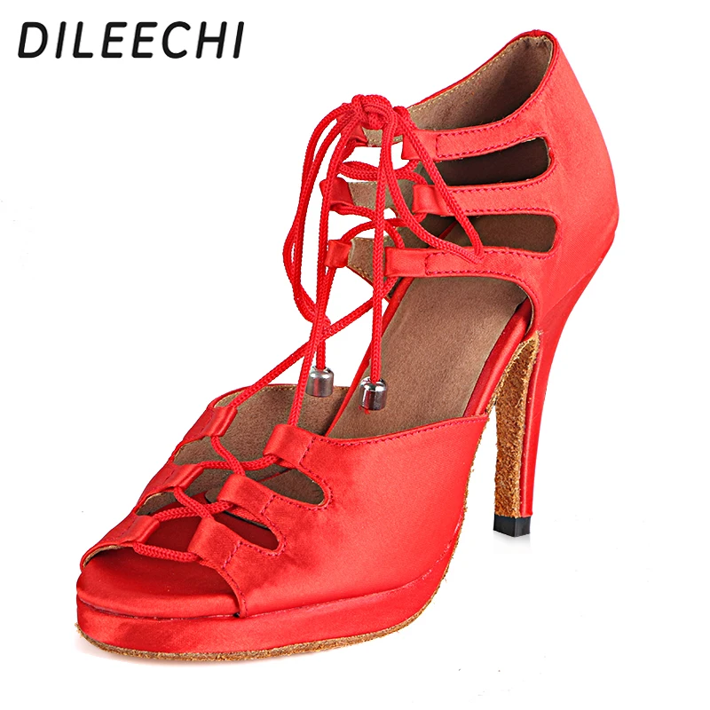 DILEECHI women's latin dance shoes salsa party dance shoes satin Waterproof platform red black bronze heel 10cm dance shoes