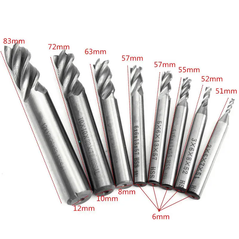 8Pcs 2/3/4/5/6/8/10/12mm Cutter Diameter 4 Flute End Mill CNC Cutter HSS Straight Shank For Alloy Steel Drill Bit Tool