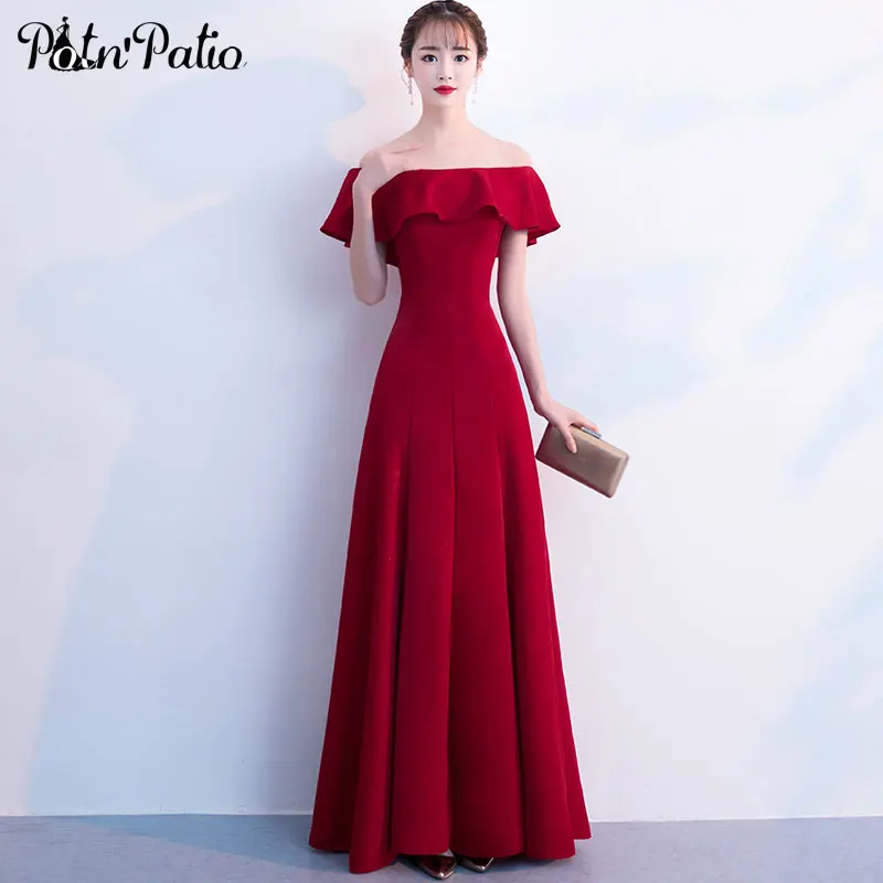 

Elegant Wine Red Evening Dresses Long Ruffles Off The Shoulder A-line Floor-Length Simple Formal Evening Gowns For Women
