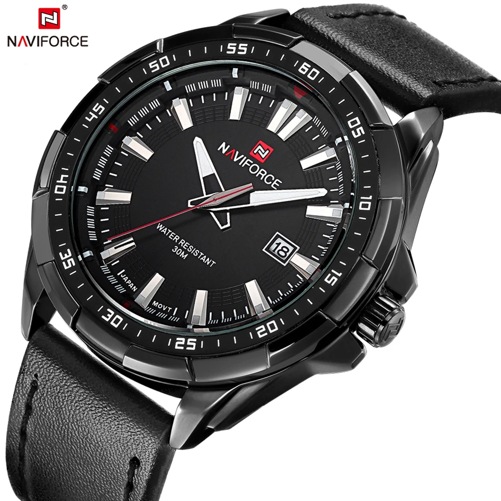 NAVIFORCE Quartz Men Watches Leather Strap Analog Fashion Casual Date Watch Men Military Waterproof