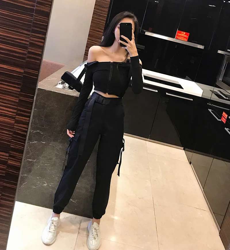 2019 New Women Set Loose High Waist Trousers + Suspenders T-shirt Slash Shoulder Two Pieces Overalls Suits Fashion Pocket Pants (7)