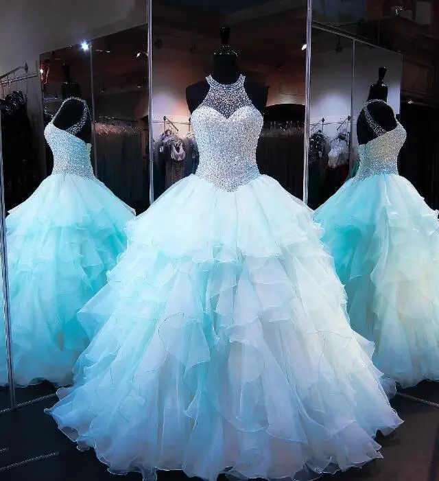 

Ruffled Organza Quinceanera Dresses 2018 Skirt with Pearl Beaded Sweet 16 Dress High Neck Sleeveless Lace up Cups Prom Dresses