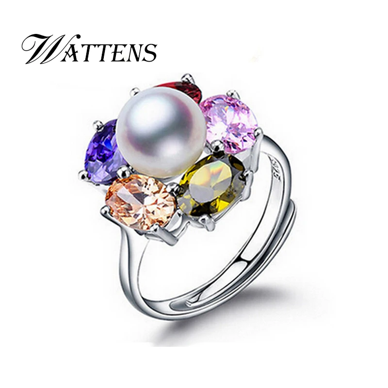 

WATTENS pearl jewelry,genuine natural pearl ring,Beautiful flower rings for women,wedding rings 3 colors, gift box