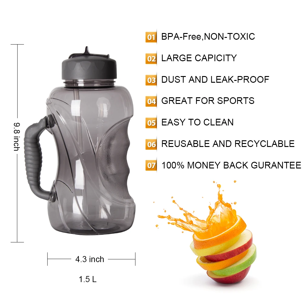 1500ML Large Capacity Water Bottle with Straw and Handle Leak-proof Cap Plastic Big Outdoor Sports BPA Free mug cup 