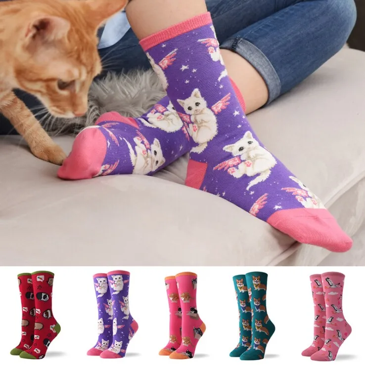 

women 's Funny Colorful Combed Cotton Happy Socks Multi Pattern Amimal cute Cartoon cat Dot Novelty Skateboard Art Socks