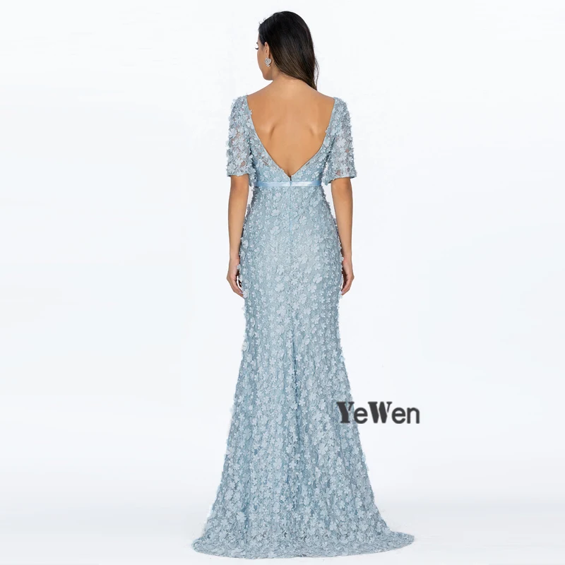 Mermaid Short Sleeves Luxury Evening Dress Long V Neck Pink Flowers Pearls Women Elegant Formal Party Gowns 2019 Prom Dresses