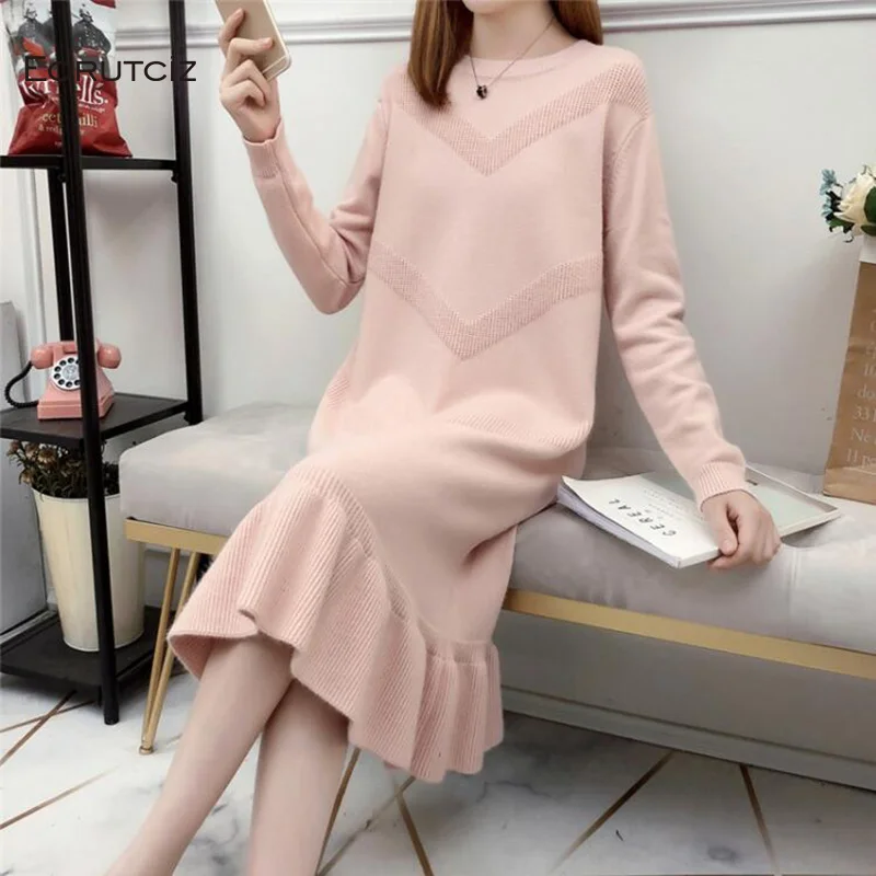 

EORUTCIZ Winter Oversize Dress Women Midi Knitting Basic Dress Sexy Autumn Warm Long Sleeve Sweater LM121