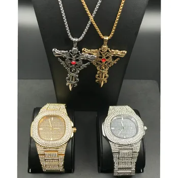 

Luxury Men Gold Color Ice Out Cuban Watch Egyptian Key Of Life Ankh Cross & Box Chain 2 Necklace Bundle Set Hip Hop For Men