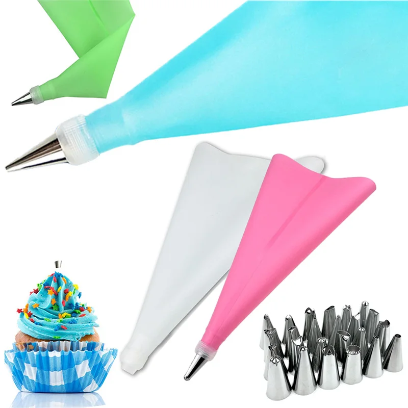 Pastry Bag Silicone 8-26Pcs Cake Decorating Tools Baking Accessories Food Grade DIY Icing Piping Cream Reusable 24 Nozzle Set | Дом и сад