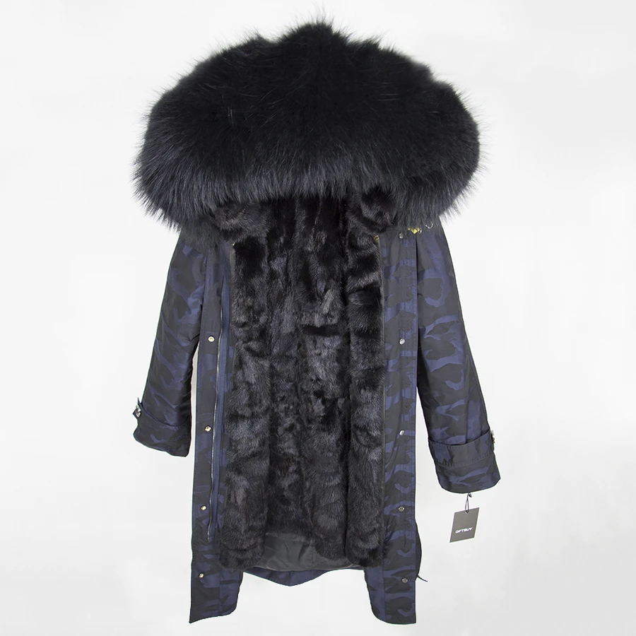 OFTBUY,, пальто с натуральным мехом, X-long, Камуфляжная парка, зимняя куртка для женщин, большой воротник из натурального меха енота, капюшон, подкладка из натурального меха норки - Цвет: blue Camouflage 23