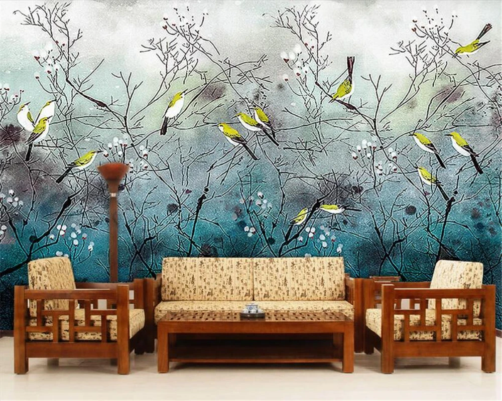 

Beibehang Custom Wallpaper Hand Painted Birds Nostalgic Retro Living Room Bedroom TV Background 3d Wallpaper papel de parede