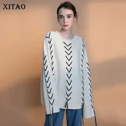 XITAO хит цвет вязаный свитер Корея Мода О-образным вырезом кружево вверх прямой шнурок элегантный пуловер 2019 осенний свитер GCC1069