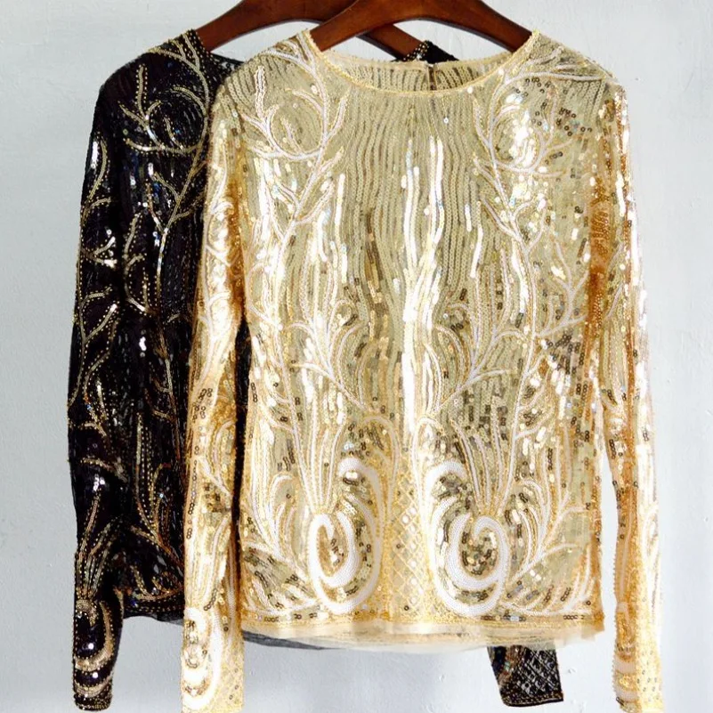 

Women Fashion Sequined Lace Pullovers Blouse Autumn Long Sleeve Embroidery Beading Blouse Tops