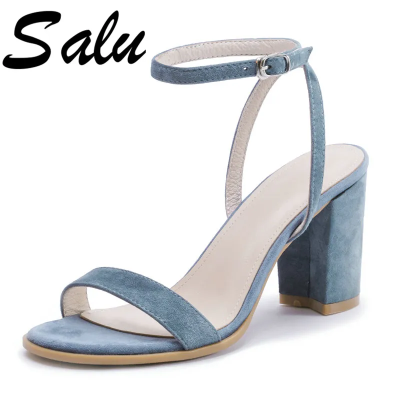 

Salu New Fashion High Quality Sheepskin Suede Leather Women Sandals Solid Color Square Heels Casual Shoes Woman Female Shoes