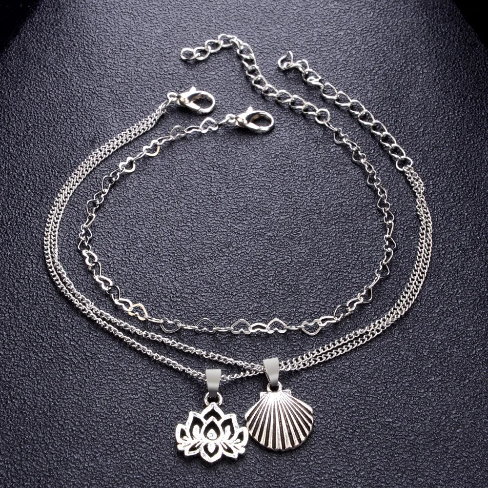 Модные браслеты из металлического сплава в виде ракушки в богемном стиле из 2 предметов для женщин, пляжный ножной браслет из веревки, ювелирные изделия
