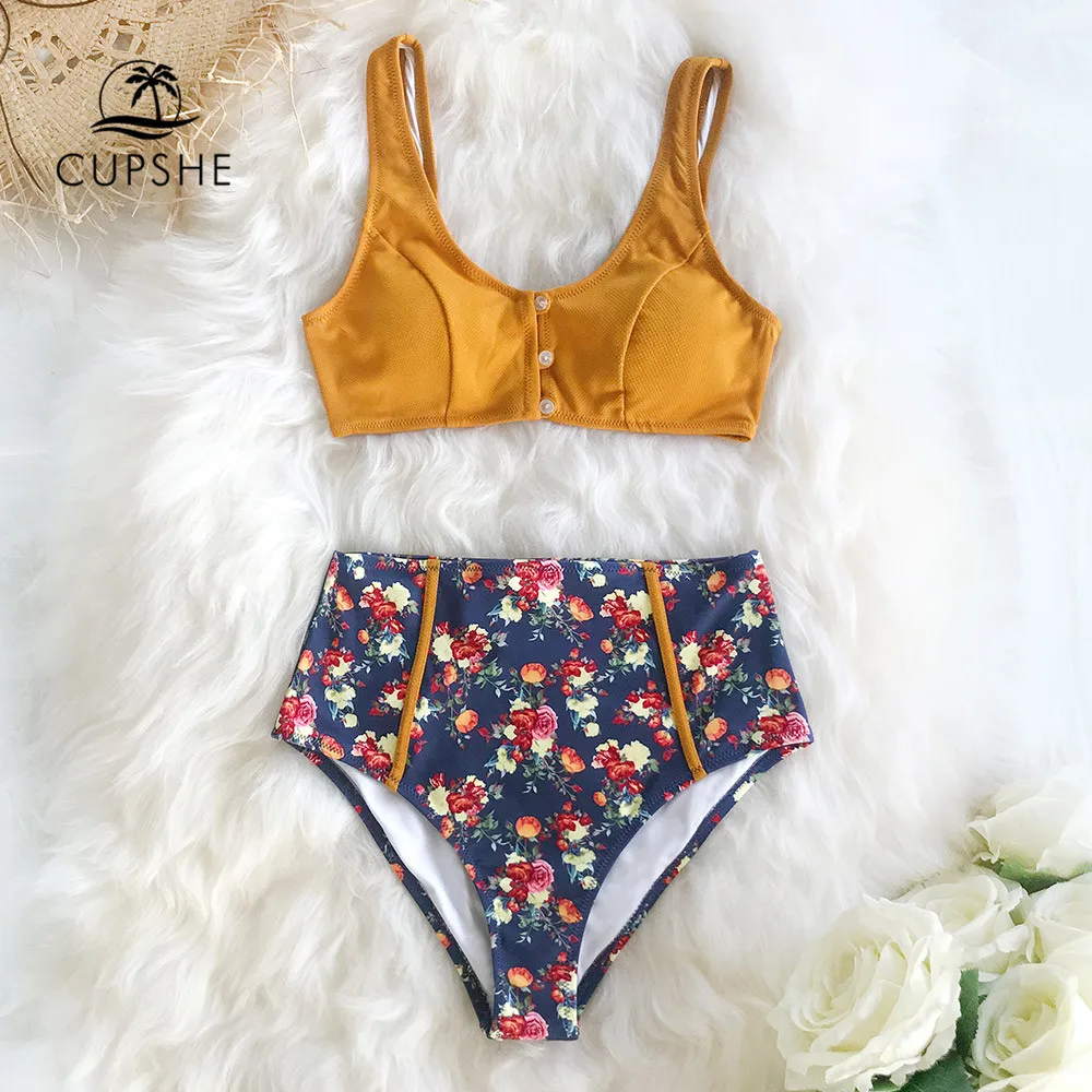 

CUPSHE Sexy Caramel Buttons High-waist Floral Bikini Swimsuit Women Two Pieces Swimwear Women 2020 Girl Beach Bathing Suits
