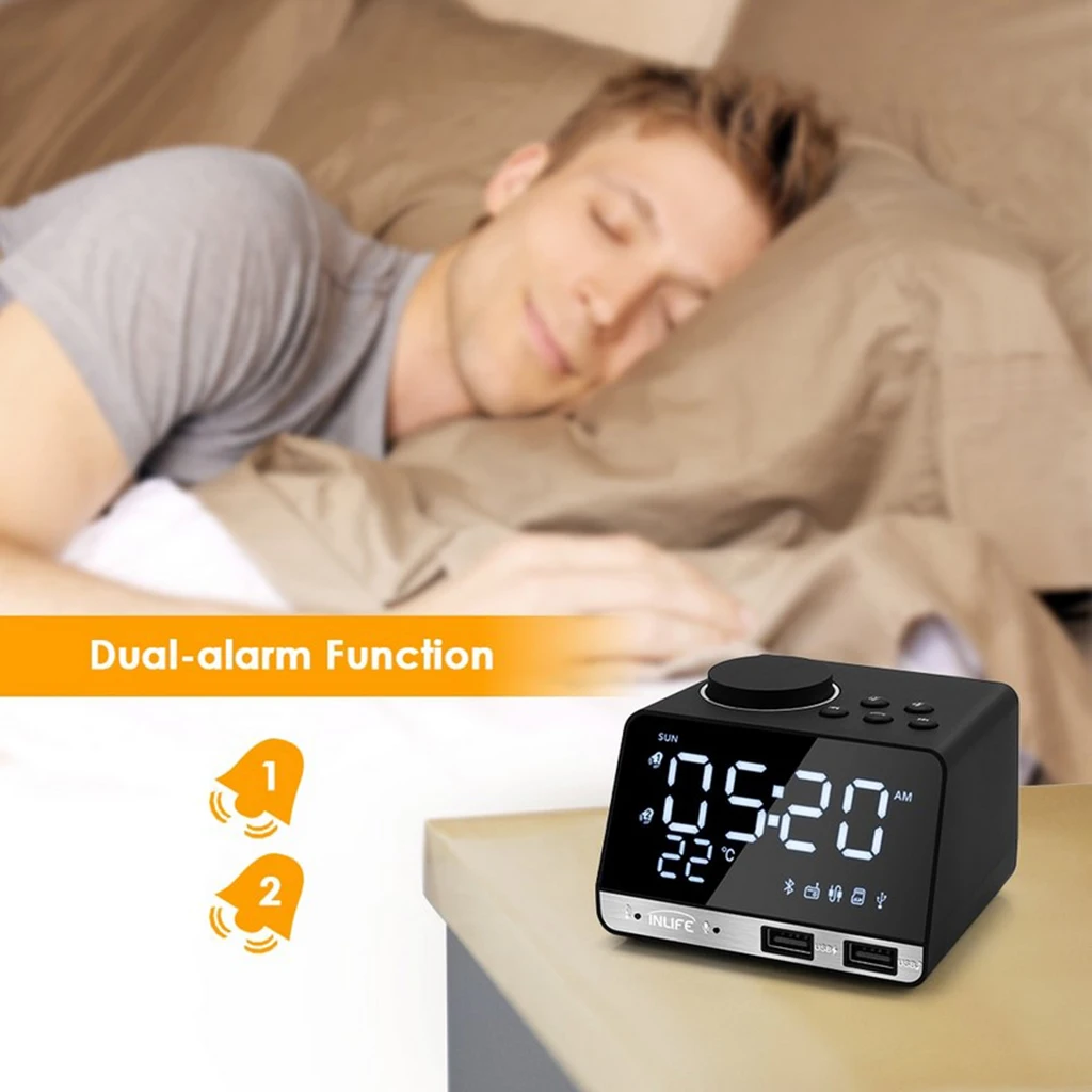 

LED Mirror Alarm Clock Digital Snooze Table Clock Bluetooth Radio Clock Electronic Large Time Temperature Display US Plug