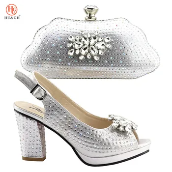 

New Silver Color Italian Shoes with Matching Bag Set Decorated with Appliques African Women Shoe And Bag Set Wedge Wedding Party