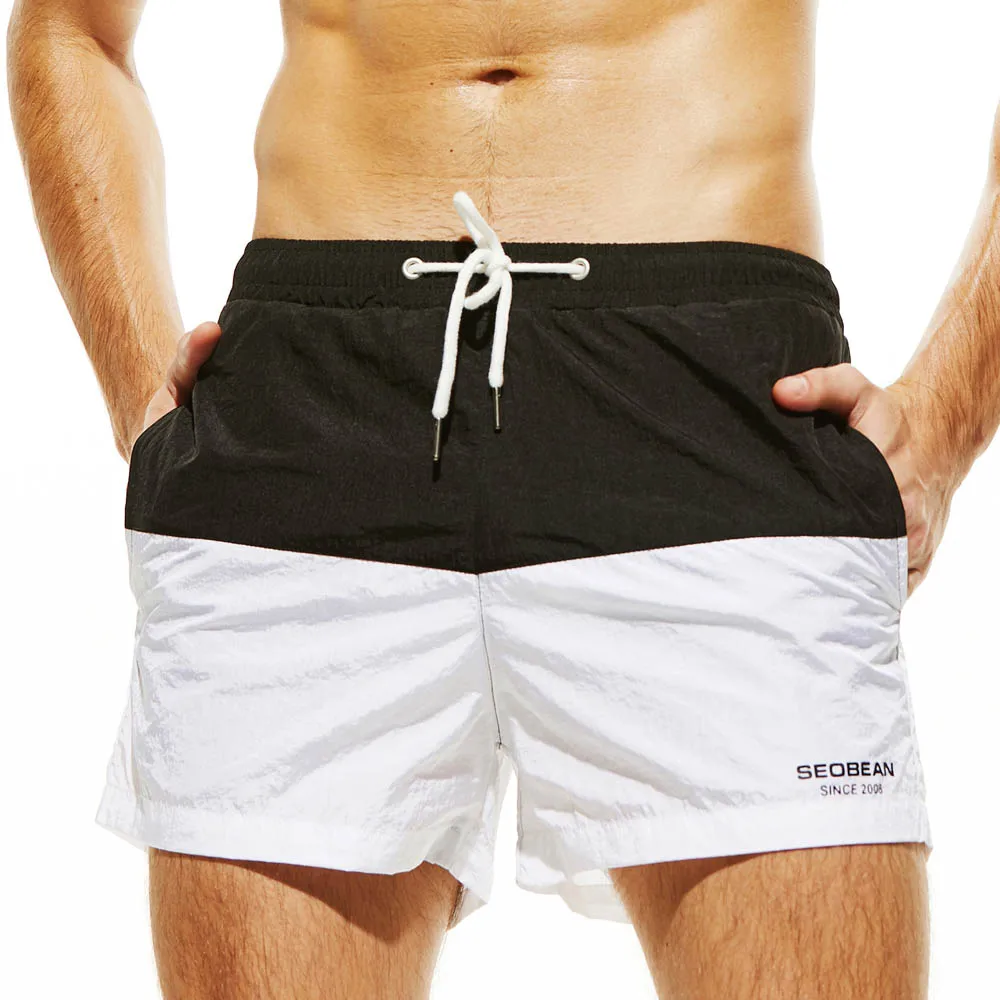 Seobean, мужские пляжные шорты, быстросохнущие, с задним карманом, мужские шорты для плавания, Лоскутные, для серфинга, бега, спортзала, шорты, de bain homme - Цвет: white