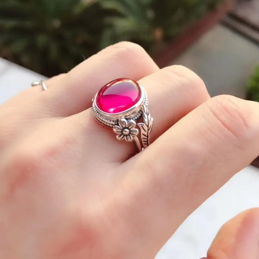 

S925 Fine Sterling Silver &Red Corundum Ring Women Flower Adjustable 5-9 Elegant Fashion New Ring