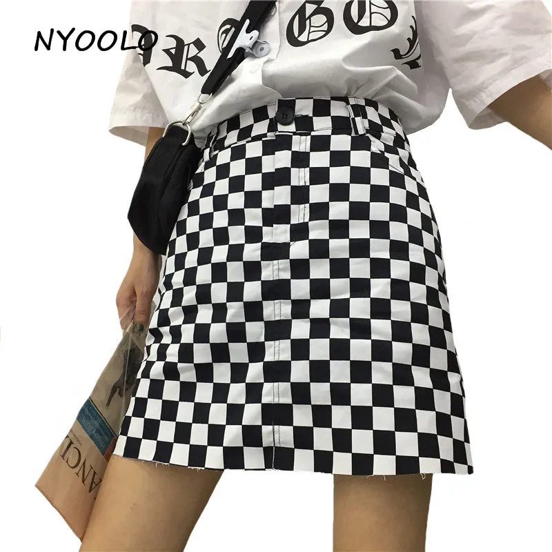 

NYOOLO Summer Checkerboard black white plaid High waist skirt Casual Button A-line mini skirt women streetwear