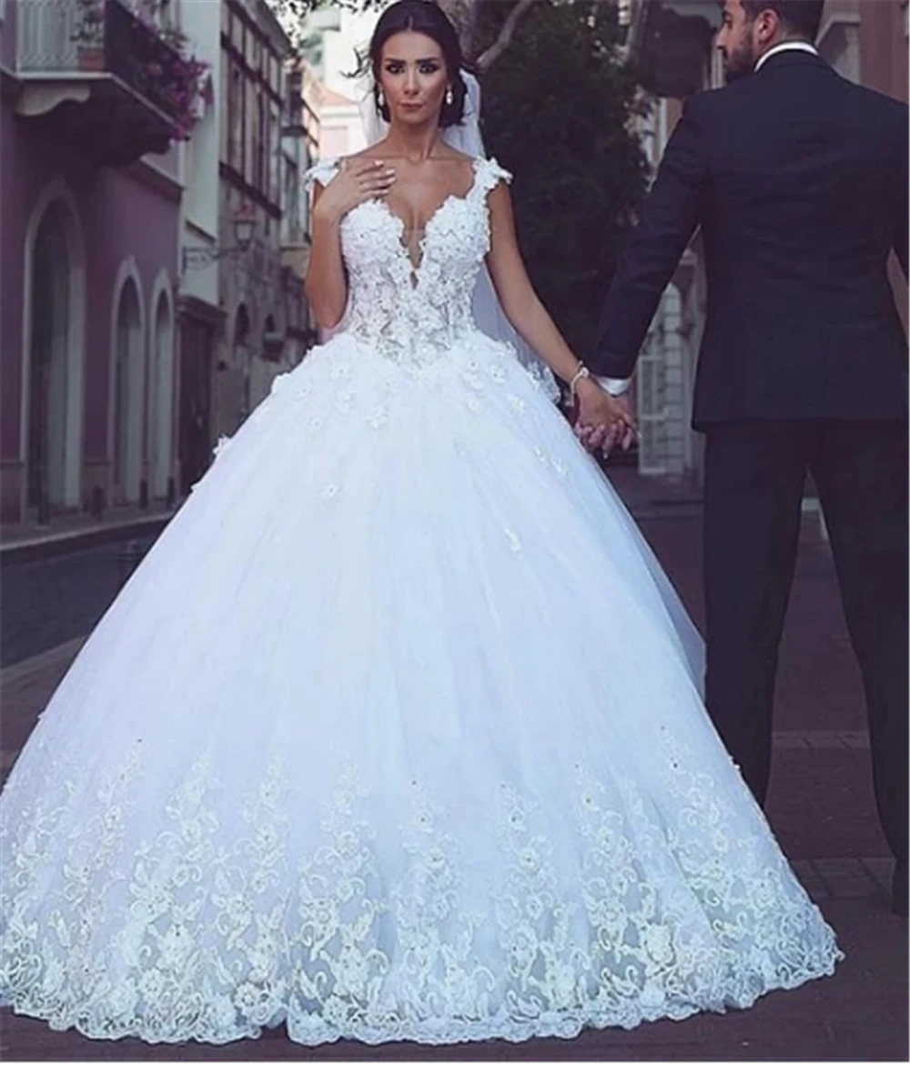 

Flowers Arabic Lace vestidos de festa Wedding Dresses 2019 Cap Sleeves Princess Ball Gown White Wedding Dresses 2019