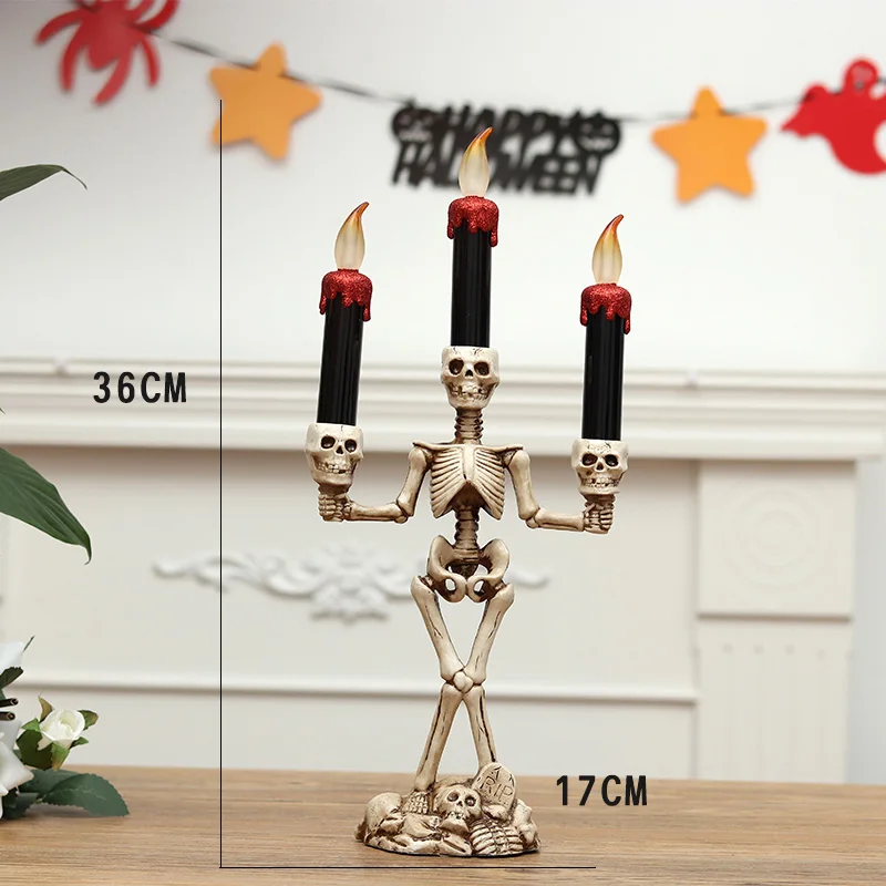 

Halloween 3 Candles Holder Candelabra Skull Skeleton Table Candlestick Home Decoration LED Candles @LS