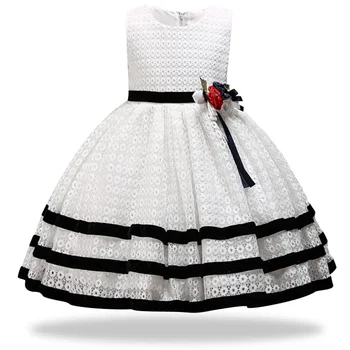 

High quality girls pierced lace princess dress velvet ribbon sweet dress children baby birthday party dress spring and summer