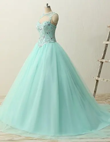 ANGELSBRIDEP Mint Green Quinceanera Dresses 15 Years Unique Neck Crystal Beading Bodice Full-Length Tulle Puffly Debutante Gowns