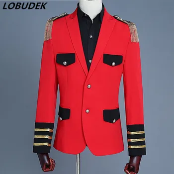 買取 (ジャケット + パンツ) 裁判所は、紳士服ドレス赤タッセルブレザーウェディング歌手ホストステージ衣装スターコーラス祭のパフォーマンスの衣装