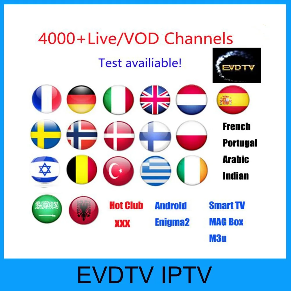 IP ТВ 4000+ каналов EVD ТВ IP ТВ подписки Европа Испания Швеции арабский Франция, Италия Норвегии Саудовская Аравия M3U Smart ТВ Mag tv box