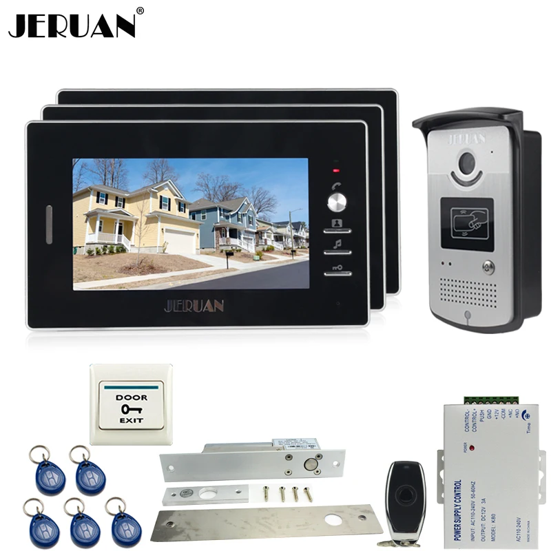

JERUAN Wired 7`` TFT video door phone Entry intercom system kit 700TVL RFID Access IR Night Vision Camera 1V3