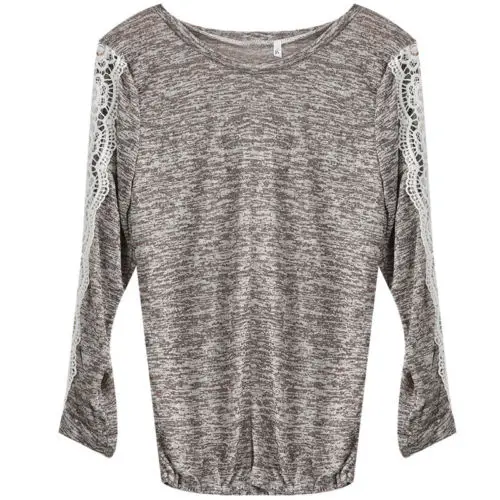 

Fashion Womens Summer Long Lace Sleeve Gray Shirt Casual Loose Cotton Tops T Shirt