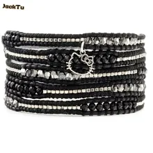 Летний браслет из оникса с бусинами и пуговицами в виде сердца и котом