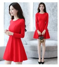 Черное женское Новое плиссированное платье с длинным рукавом и высокой талией, платья до колен, осеннее модное женское платье - Цвет: Red