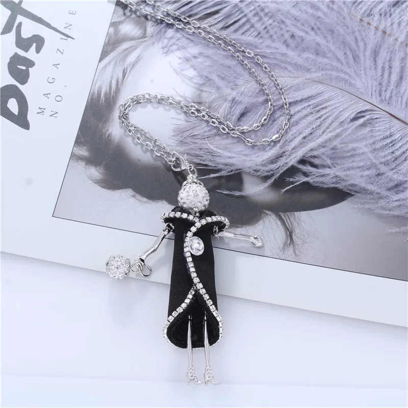 Crystal Button Black White Long Dress Doll Necklace Handmade Paris Girl Statement Jewelry Accessory Long Chain Necklace Bijoux