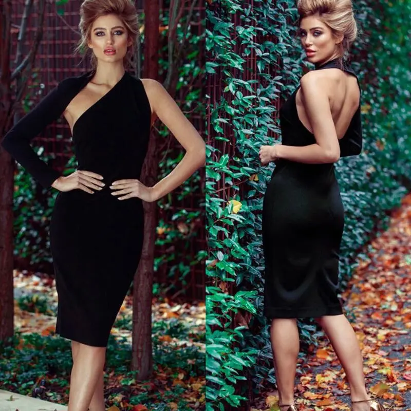 

BKLD Elegant Backless Fashion Midi Party Dress 2018 Autumn Casual Long Sleeve Sexy One Off Shoulder Black Bodycon Sheath Dresses