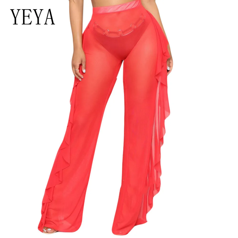 

YEYA Sexy Perspective Mesh Playsuits Elegant Women Summer Ruffled See Through Trousers Femme Vestidos De Festa Curto Jumpsuits