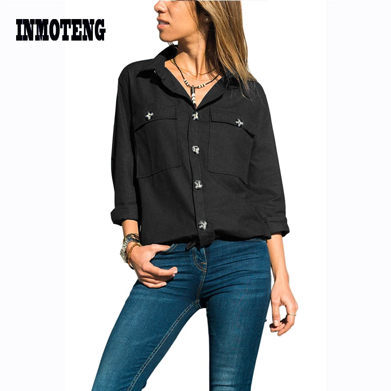 INMOTENG Green/Black Buttoned Shirt with Pockets Women Spring Autumn