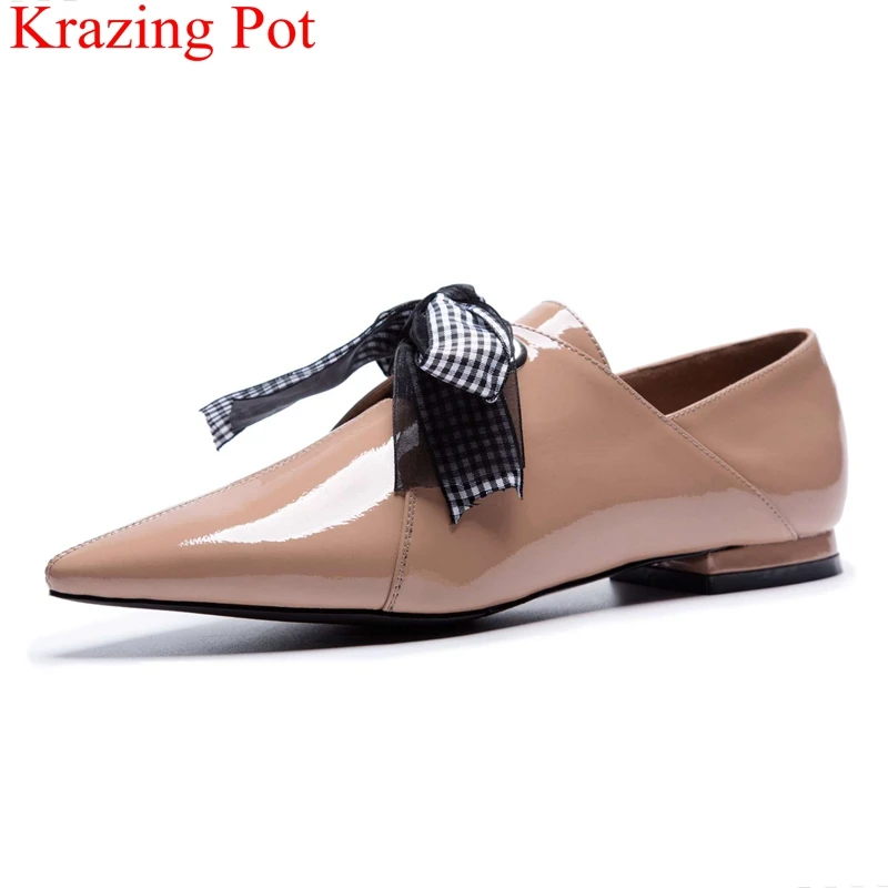 

2018 superstar lace up low heel pointed toe genuine leather women pumps elegant office lady sweet riband runway party shoes L02