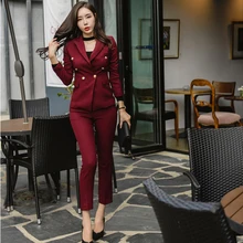 Сексуальный бордовый облегающий стиль, женские брючные костюмы, приталенный Блейзер с пуговицами, пиджак и брюки-карандаш, OL стиль, Женский комплект, весна