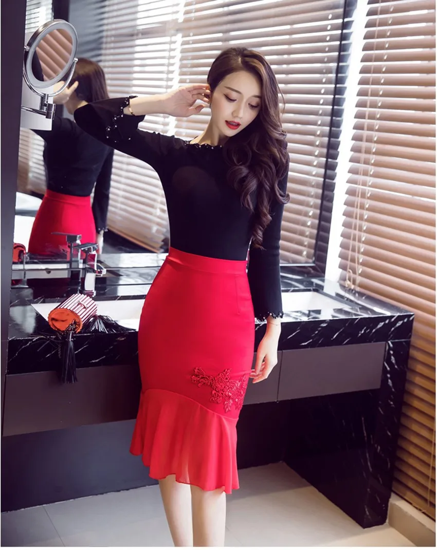Женские красные юбки, осень, элегантная сексуальная юбка с высокой талией, эластичная облегающая юбка для офиса, для девушек, официальная зимняя черная юбка-карандаш размера плюс