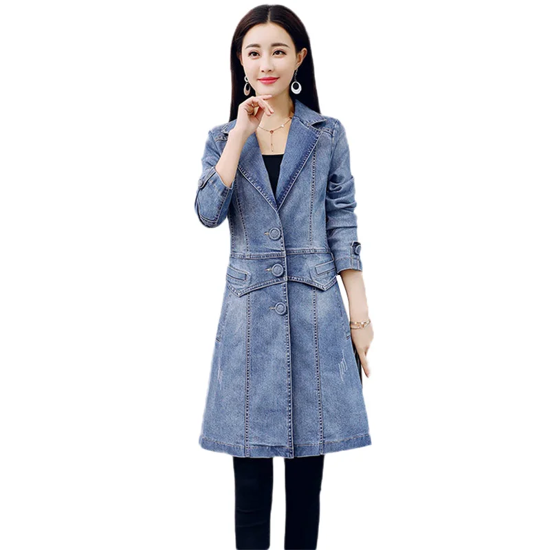 

2019 Spring Cowgirl Jacket Autumn New Slim Denim Coat Female Mid Long Fashion Temperament Long-Sleeved Denim Windbreaker JIA65