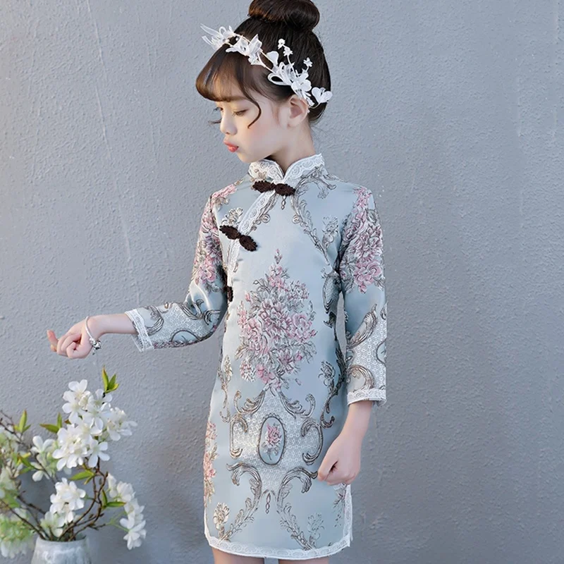 Qipao/Зимний китайский новогодний костюм для девочек теплое китайское платье с длинными рукавами и цветочным рисунком для маленьких девочек, платье Чонсам для детей, AA4420