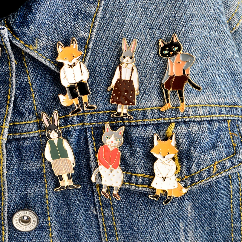 

6pcs/set Mr Ms Gentleman Lady Cat rabbit fox Brooch pin Denim Animal Jacket Pin Shirt Badge Lovers jewelry Gift for couples