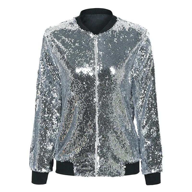 Women Sequin Coat Green Bomber Jacket Long Sleeve Zipper Tunic Casual ...