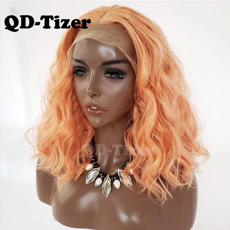 

QD-Tizer Orange Color Loose Wave Synthetic Lace Front Wig Short Lob Hair Glueless with Baby Hair Lace Front Wigs for Black Women
